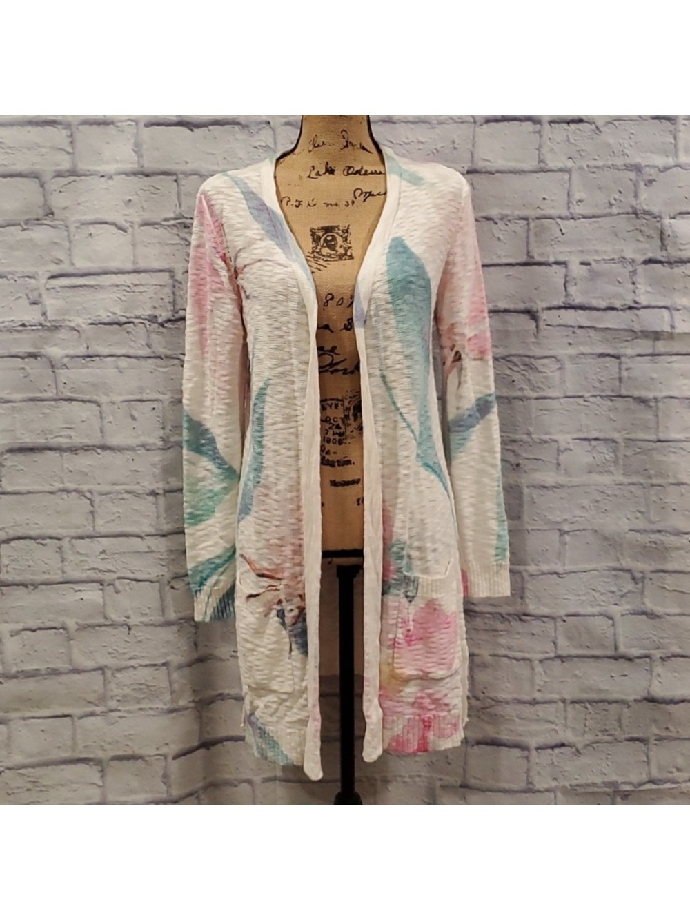 Soft Surroundings Floral Open-Front Cardigan Sweater White Pastel Longline
